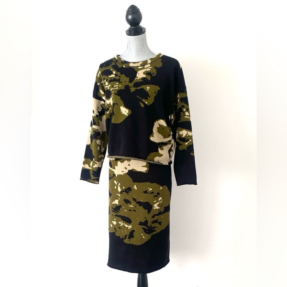 DKNY Knit Camo Sweater & Skirt Set Sz L Black, Olive, Cream Military Chic Boho